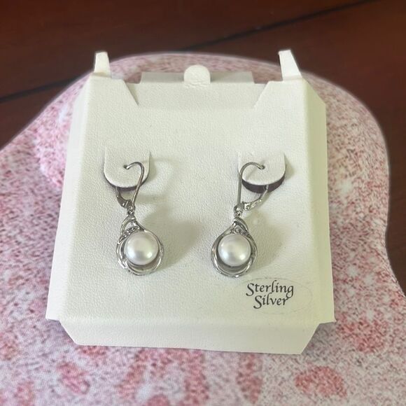 NEW 8mm SS Cultured Pearl Silver Drop Earrings $300